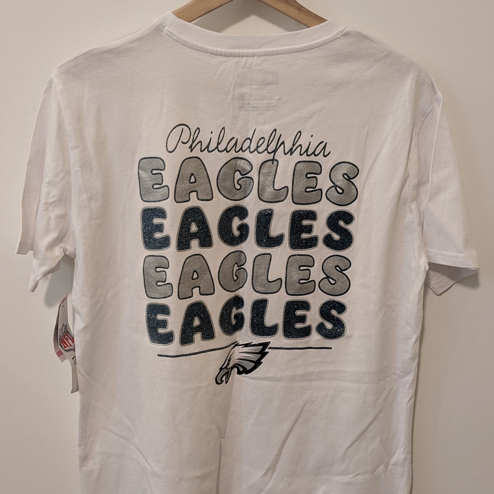 Philadelphia Eagles NFL Football White T-Shirt Silver And Green Glitter Logo S